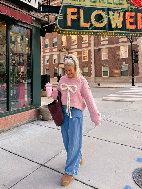 Ribbons & Lace Bow Sweater// Pink